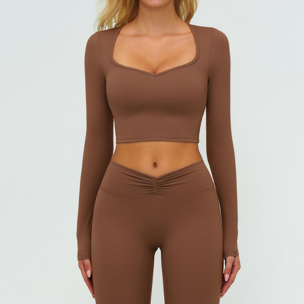 Haut de yoga court à manches longues pour femme (OEM) | Tissu extensible 4 directions recyclable, séchage rapide | Fabricant de marques privées