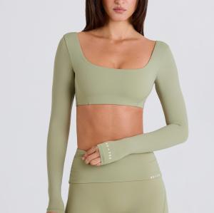 Women's Long Sleeve Yoga Crop Top OEM | Square Neck High Stretch Thumbhole Top