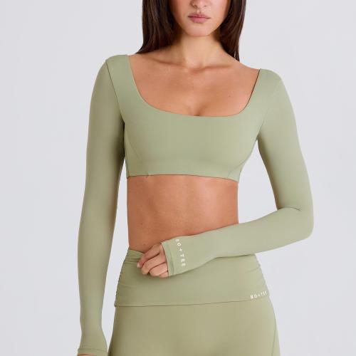 Women's Long Sleeve Yoga Crop Top OEM | Square Neck High Stretch Thumbhole Top