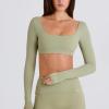 Women's Long Sleeve Yoga Crop Top OEM | Square Neck High Stretch Thumbhole Top
