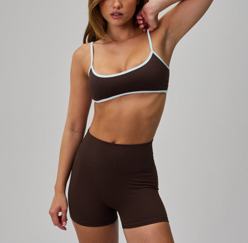 Custom Contrast Trim Yoga Set Manufacturer | Scoop Neck Bra And High Waist Shorts | Quick-Dry Stretch Yoga Set