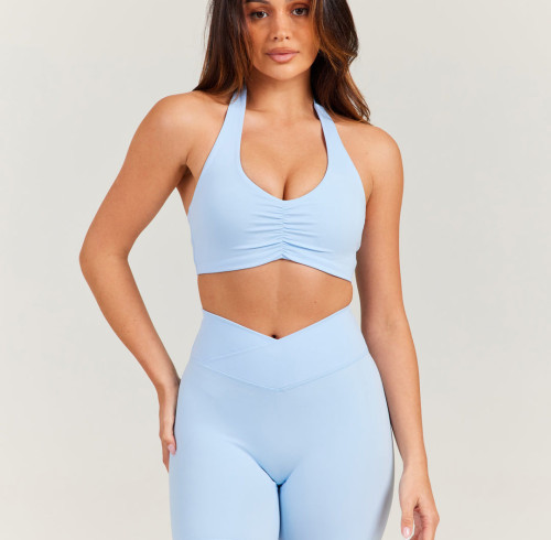 Custom Ruched Halter Sports Bra Manufacturer | Athletic Yoga Bra Top Supplier