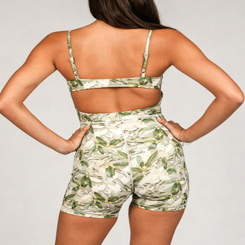 Custom Floral Ribbed Yoga Jumpsuit | Square Neck Romper with Pockets