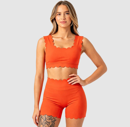 Custom Scalloped Edge Solid Yoga Set | Wave Trim Sports Bra & High Waist Shorts