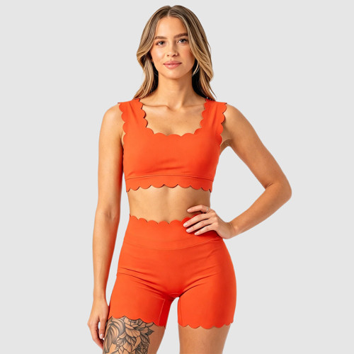 Custom Scalloped Edge Solid Yoga Set | Wave Trim Sports Bra & High Waist Shorts