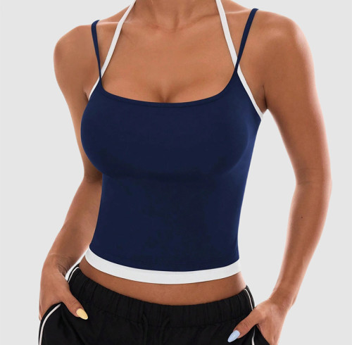 Custom Contrast Trim Double Strap Yoga Vest | Square Neck Cropped Workout Tank Top