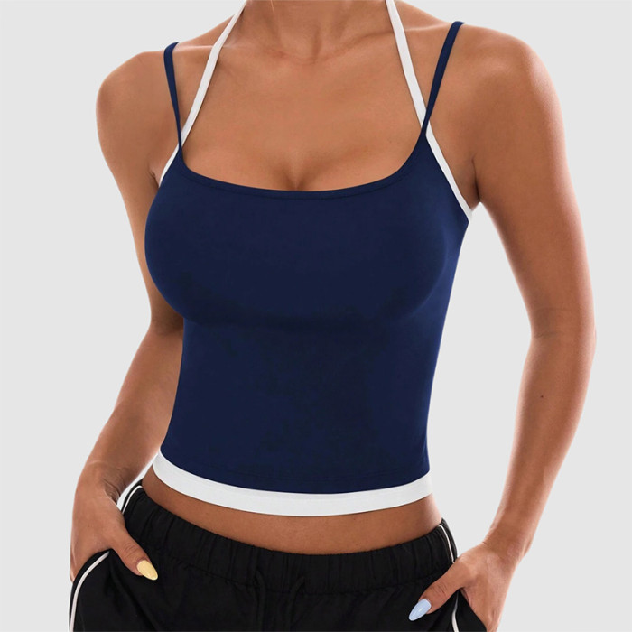 Custom Contrast Trim Double Strap Yoga Vest | Square Neck Cropped Workout Tank Top