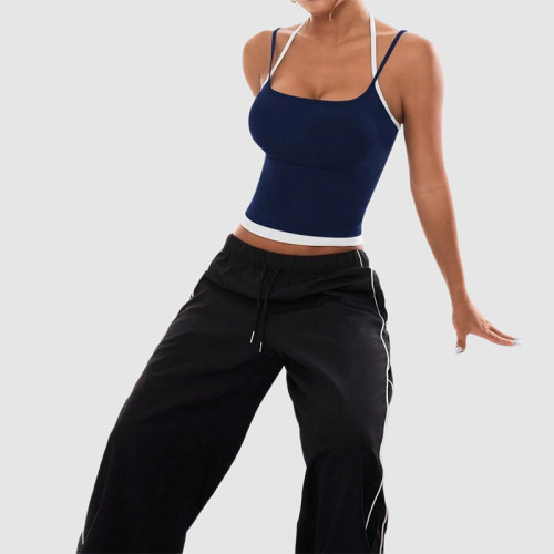 Custom Contrast Trim Double Strap Yoga Vest | Square Neck Cropped Workout Tank Top