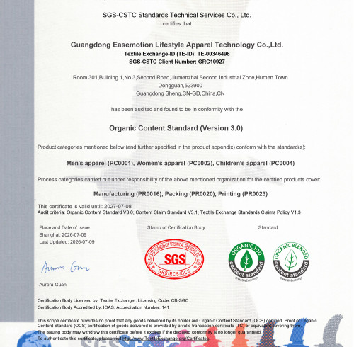 Certificado de alcance del estándar de contenido orgánico (OCS, por sus siglas en inglés)