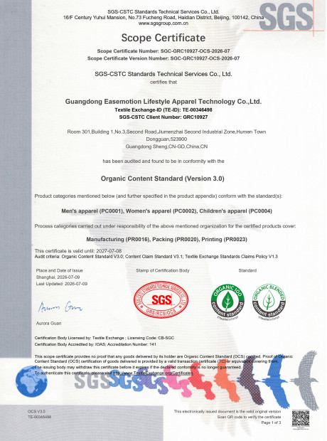 Organic Content Standard (OCS) Scope Certificate