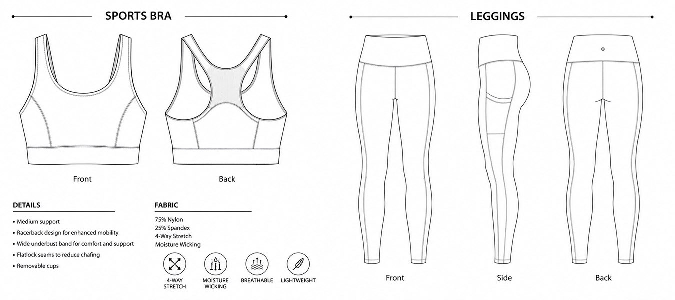 Activewear flat sketch and tech pack documentation
