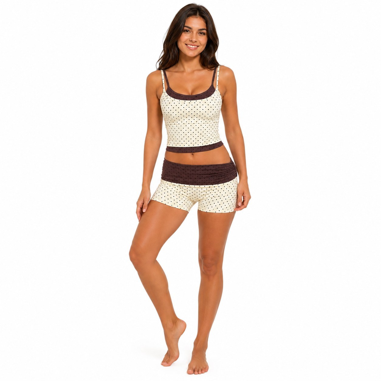 Cream polka dot yoga set front view