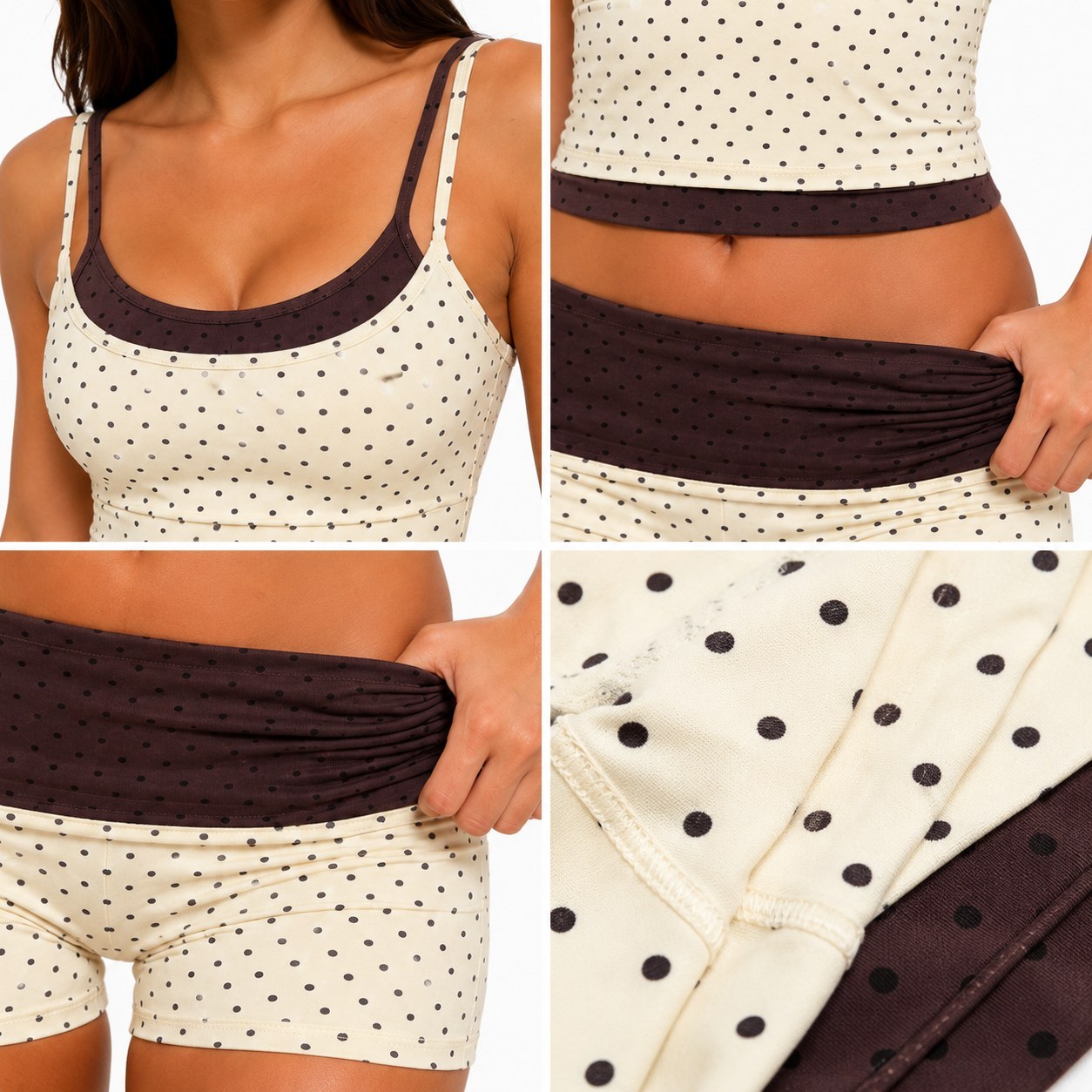 Detail collage of fabric, waistband, neckline, and stitching