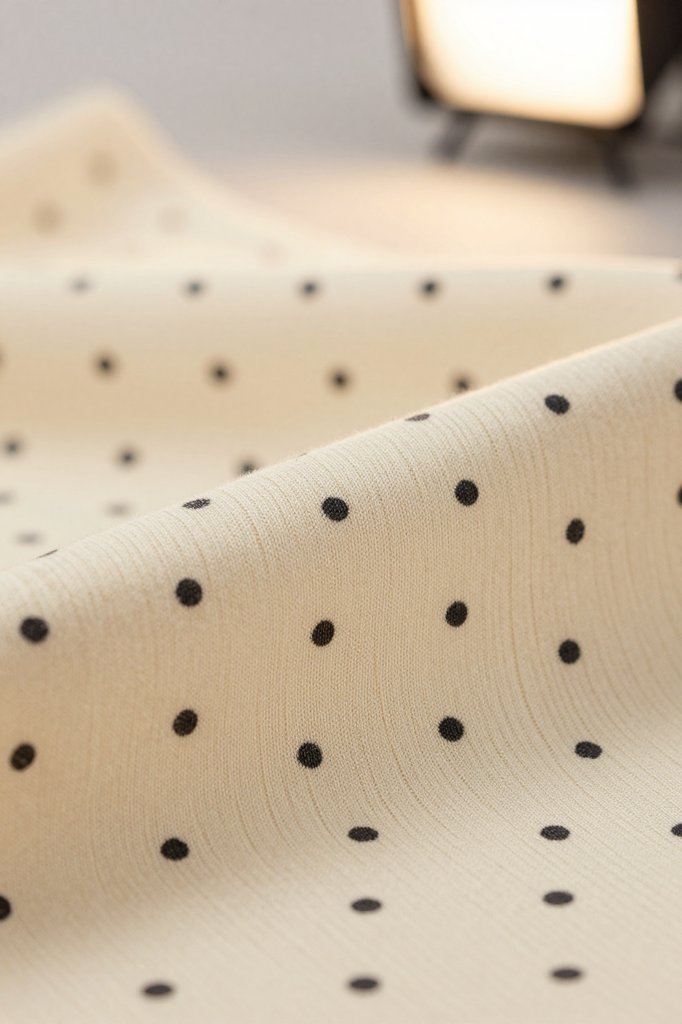 Fabric texture close-up showing polka dot pattern and knit structure