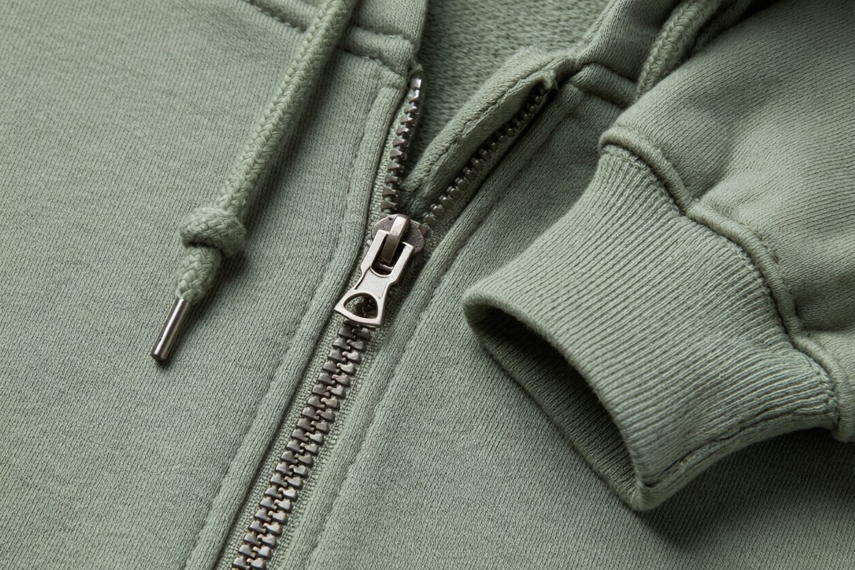 Zipper and drawstring detail on premium activewear jacket