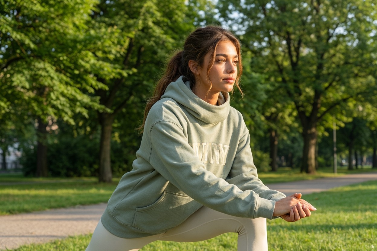 Woman in athletic hoodie jacket outdoor jogging in park