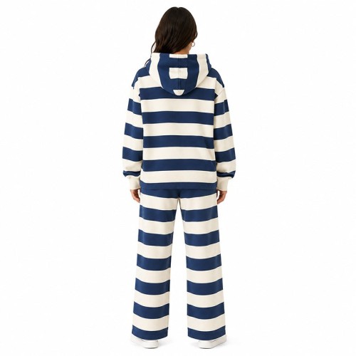 Custom Vintage Navy Stripe Tracksuit Set - Embroidered Hoodie & Wide-Leg Jogger