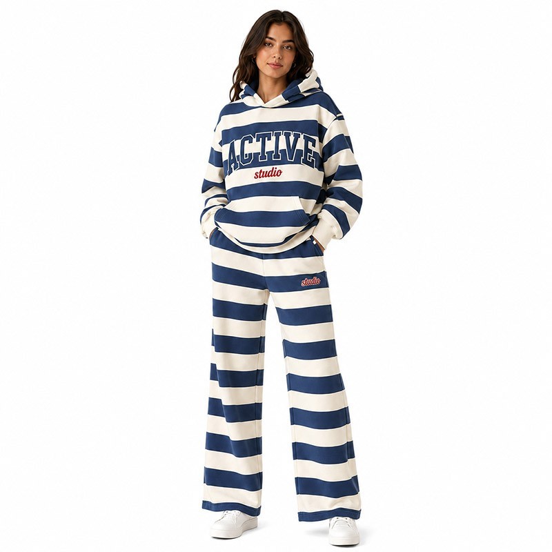 Custom Vintage Navy White Stripe Embroidered Tracksuit Set