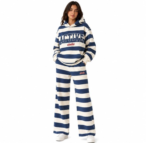 Custom Vintage Navy Stripe Tracksuit Set - Embroidered Hoodie & Wide-Leg Jogger