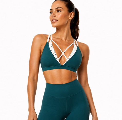 Custom Polka Dot Yoga Bra Women's V-Neck Contrast High Elasticity Fitness Crop Top