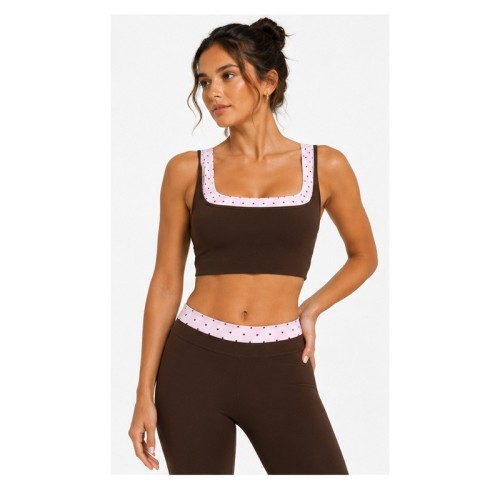 Custom Polka Dot Yoga Bra - Contrast Binding Square Neck Cropped Tank Top with Wide Straps