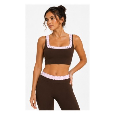 Custom Polka Dot Yoga Bra - Contrast Binding Square Neck Cropped Tank Top with Wide Straps