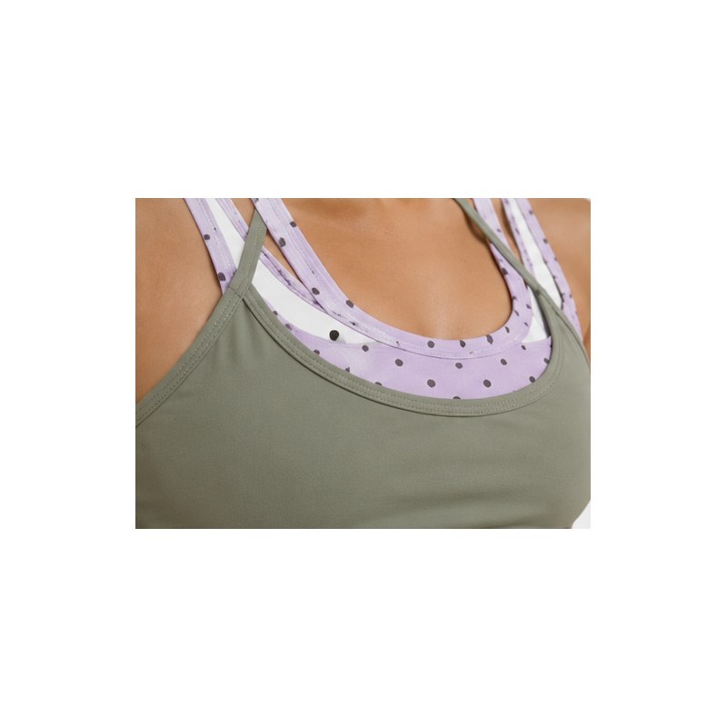 Polka-dot contrast neckline detail of custom women's yoga tank top