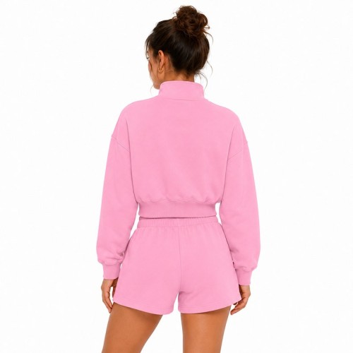Custom Women's Tracksuits — Short Stand-Collar Zip-Up Sweatshirt and Pink Solid Casual Sports Shorts 2-Piece Set