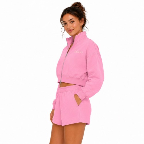 Custom Women's Tracksuits — Short Stand-Collar Zip-Up Sweatshirt and Pink Solid Casual Sports Shorts 2-Piece Set