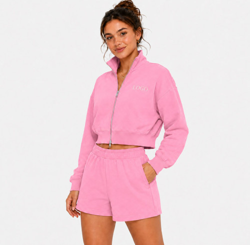 Custom Women's Tracksuits — Short Stand-Collar Zip-Up Sweatshirt and Pink Solid Casual Sports Shorts 2-Piece Set