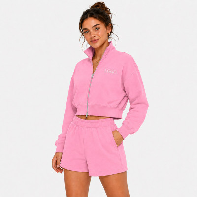 Custom Women's Tracksuits — Short Stand-Collar Zip-Up Sweatshirt and Pink Solid Casual Sports Shorts 2-Piece Set