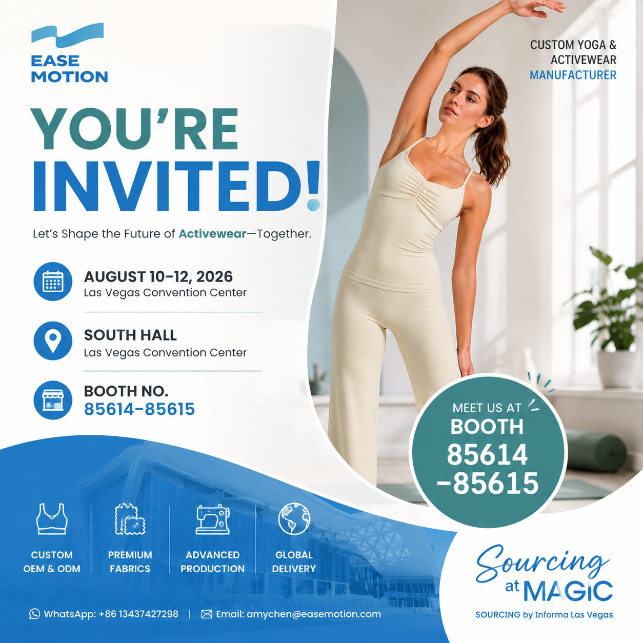 Easemotion SOURCING at MAGIC Las Vegas 2026 exhibition invitation shared by Bloomto, Booth 85614–85615
