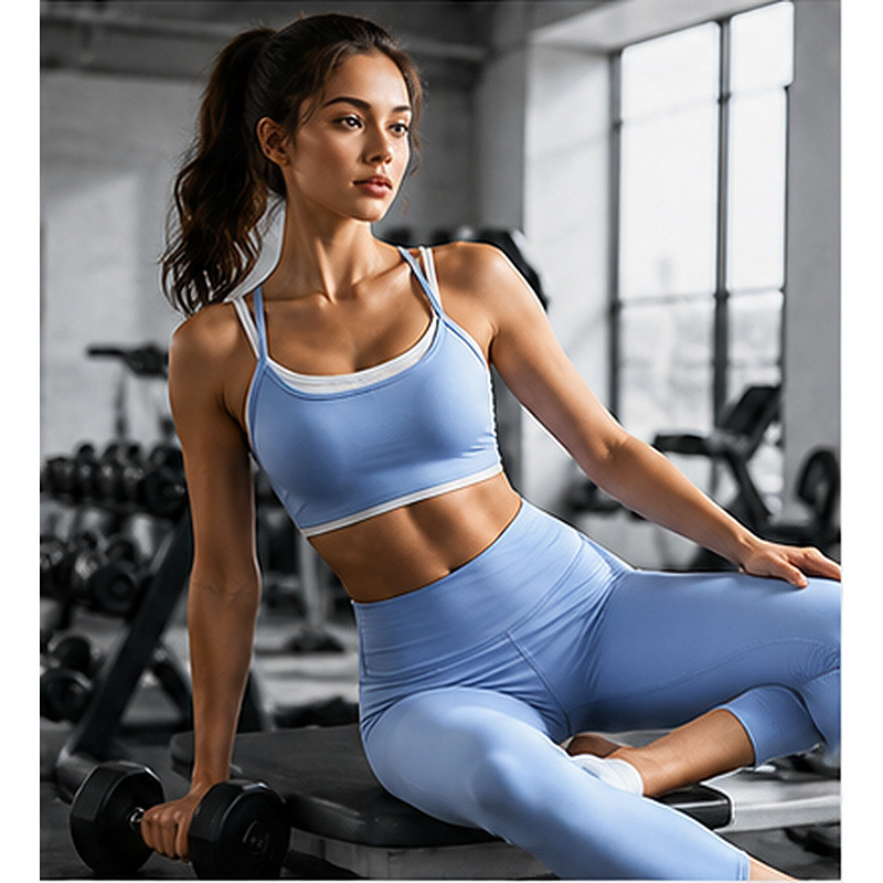 Custom layered sports bra in gym training scene