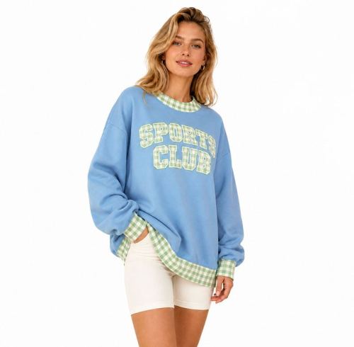 Custom Light Blue Sweatshirt - Oversized Gingham Trim SPORTS CLUB Pullover