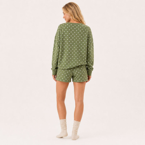 Custom Polka Dot Loungewear Set – Olive Green Sweatshirt & Drawstring Shorts