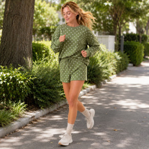 Custom Polka Dot Loungewear Set – Olive Green Sweatshirt & Drawstring Shorts