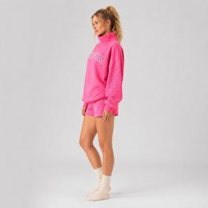 Custom Hot Pink Sweatshirt - Polka Dot Spliced Turtleneck Graphic Pullover