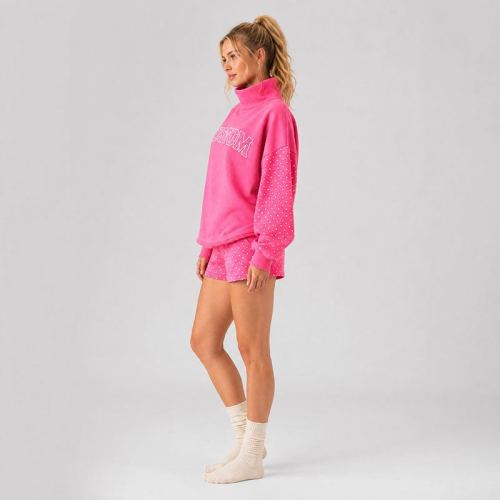 Custom Hot Pink Sweatshirt - Polka Dot Spliced Turtleneck Graphic Pullover