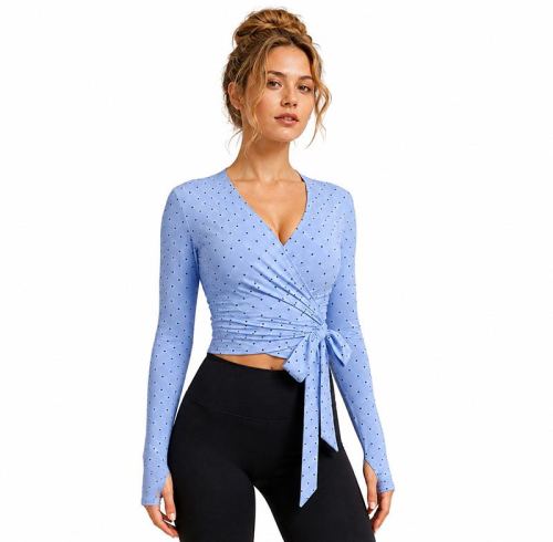 Custom Polka Dot Yoga Top - Wrap Tie-Waist Cropped Long Sleeve