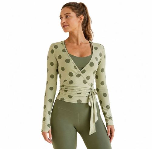 Custom Sage Green Polka Dot Yoga Top - Wrap Tie-Waist Cropped Long Sleeve