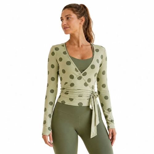 Custom Sage Green Polka Dot Yoga Top - Wrap Tie-Waist Cropped Long Sleeve