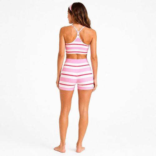 Custom Pink Striped Yoga 3-Piece Set - Sports Bra Biker Shorts Workout Outfit