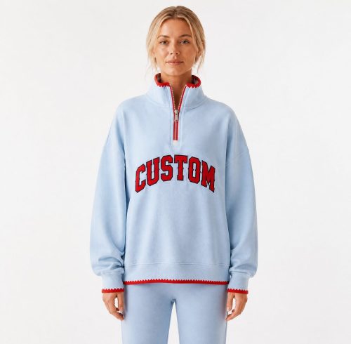 Sudadera deportiva para mujer con cuello de camiseta y bordes contrastantes personalizados