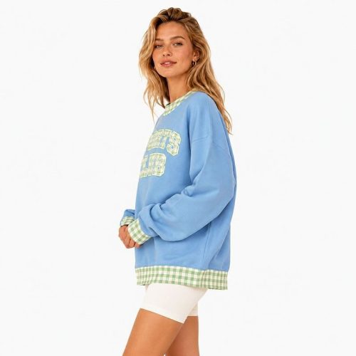 Sudadera Azul Claro Personalizada - Sudadera Oversized con Borde de Cuadros SPORTS CLUB