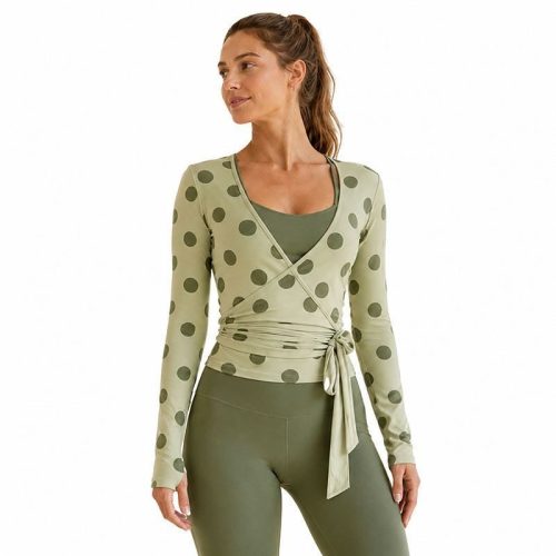 Top de yoga personalizado con estampado de puntos verdes salvia - Manga larga cortada con cintura ajustable