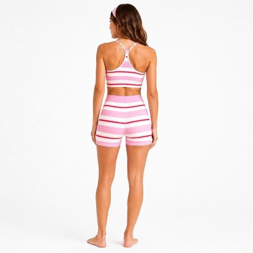 Conjunto de yoga rosa con rayas personalizado - 3 piezas (sujetador deportivo, pantalones de bici de cintura alta, pañuelo)