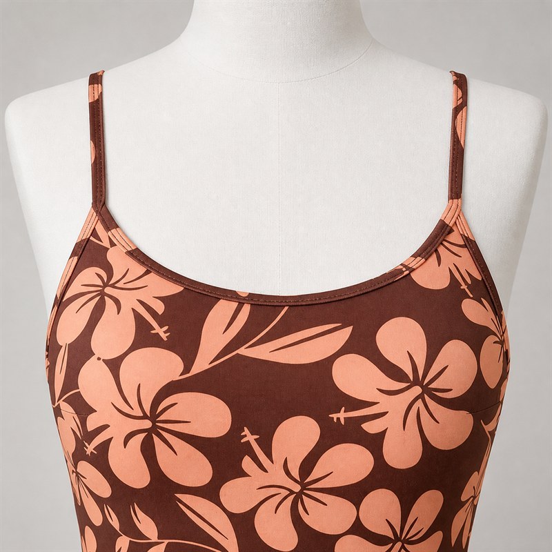 Custom Hibiscus Print Yoga Jumpsuit strap and neckline detail