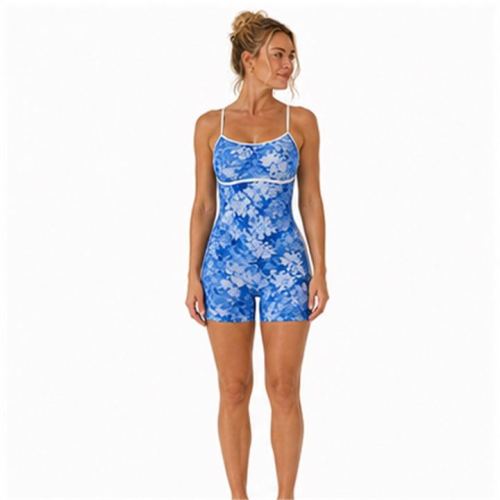 Custom Blue Floral Cami Strap Yoga Jumpsuit - Contrast Piping One-Piece Workout Bodysuit