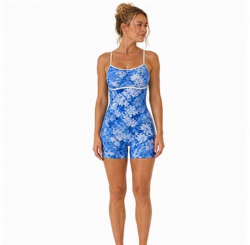 Custom Blue Floral Cami Strap Yoga Jumpsuit - Contrast Piping One-Piece Workout Bodysuit