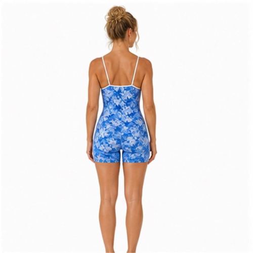 Custom Blue Floral Cami Strap Yoga Jumpsuit - Contrast Piping One-Piece Workout Bodysuit